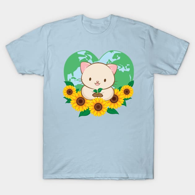 Love Our Planet Cute White Cat and Sunflowers Kawaii Earth Day T-Shirt by Irene Koh Studio